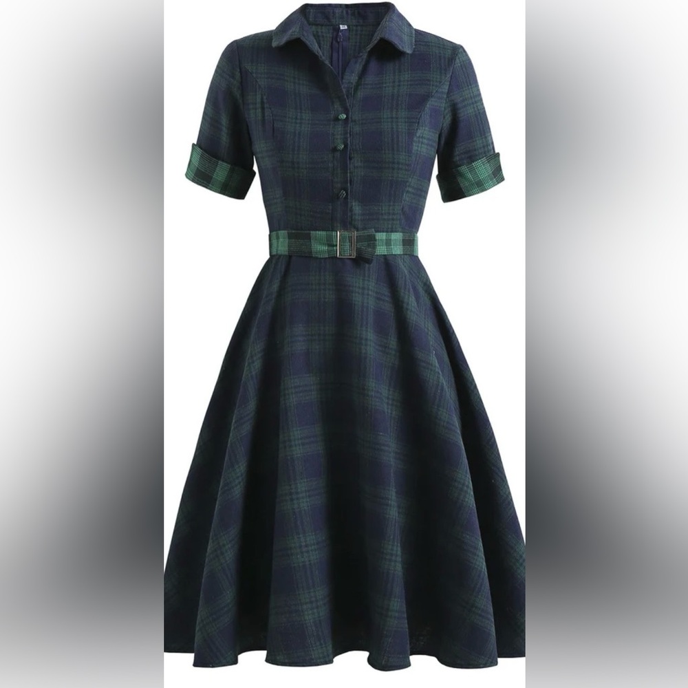 Plaid Button-Up Dress with Belt